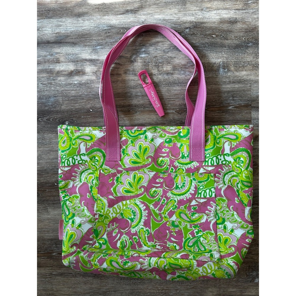 Lilly Pulitzer Tote Bag Beach Cooler Pink Green Elephants & Opener Zip Top